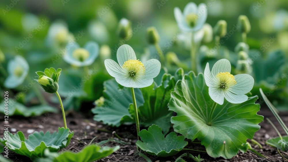 Poster tranquil close-up of green buttercup leaves and delicate flowers in a lush natural setting with copy