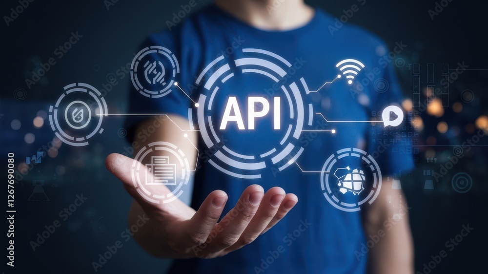 Aufkleber a person presents a graphical interface of api technologies