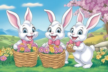 Three white rabbits carry colorful flower baskets in a vibrant green field, creating a charming and whimsical scene of nature's beauty.