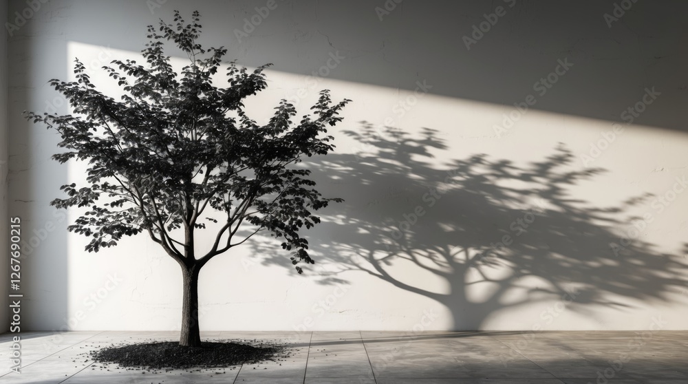 Poster monochrome tree casting intricate shadows on a minimalist wall creating a serene and artistic ambian