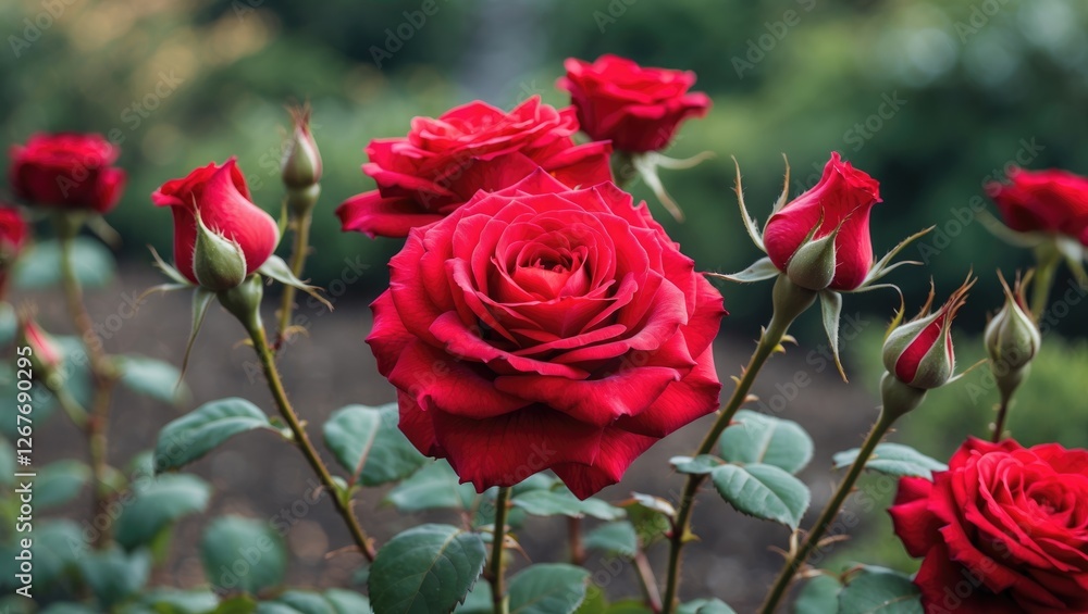 Poster vibrant red roses blooming in garden with soft focus background and blank space for custom text or m