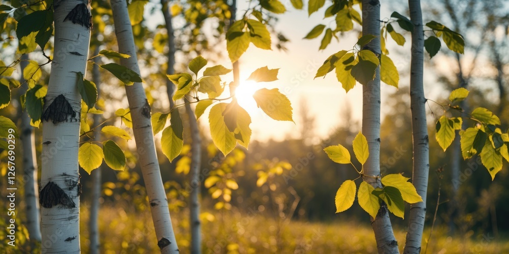 Poster sunlight through birch leaves in summer with vintage effect and space for text in background nature 
