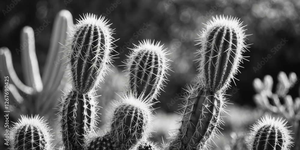 Poster monochrome image of thorny cacti group displaying intricate textures with blank space for custom tex