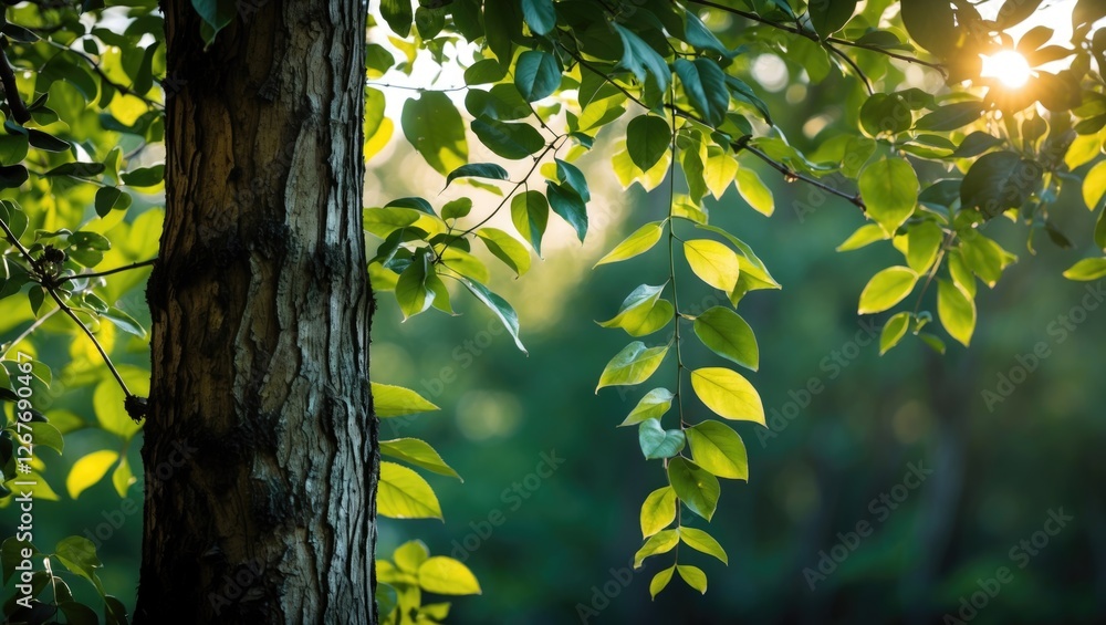 Poster serene natural background featuring vibrant green leaves and a textured tree trunk illuminated by so