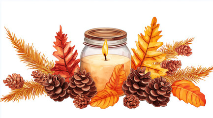 High-resolution PNG of a jar candle adorned with autumn leaves and pine cones, isolated on a transparent background. The 2D clip art-style design is detailed, high-quality, shadow-free, and ideal for 