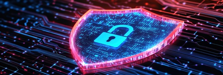 Digital security shield with lock representing cybersecurity and data protection concepts