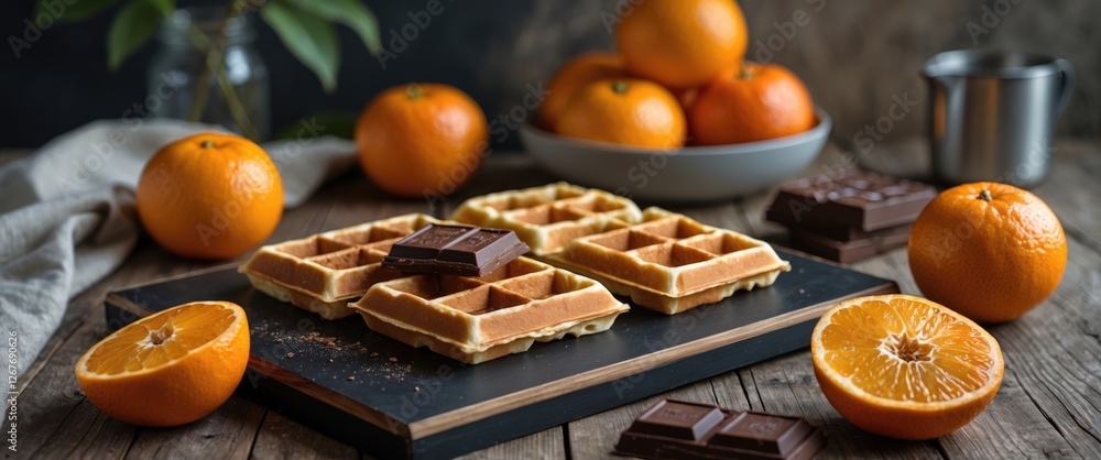 Poster homemade waffles with tangerines and chocolate on rustic table setting