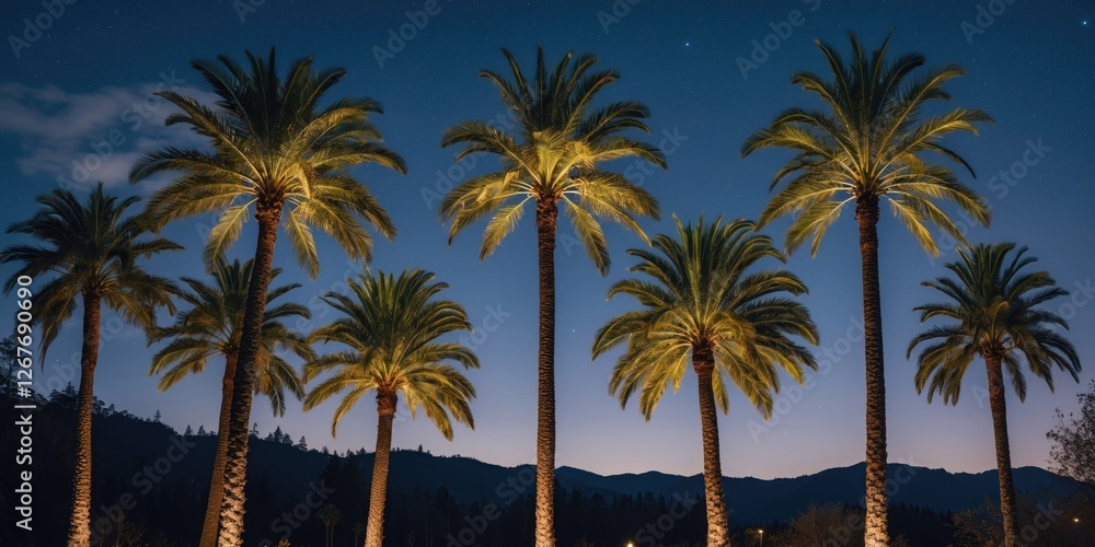 Aufkleber elegant palm trees illuminated at night under a clear sky with space for text or graphics in a relax