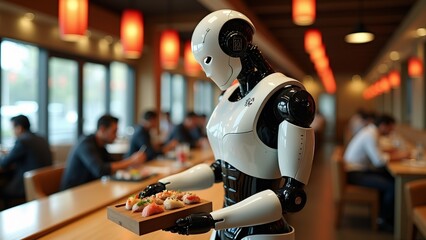 robot holding tray sushi restaurant robot white black color standing front long table people sitting table covered white tablecloth red lanterns hanging ceiling background blurred appears modern