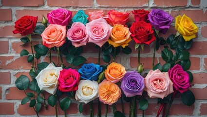 Colorful Roses Displayed on Brick Wall with Green Leaves Empty Space for Text Elegant Floral Arrangement for Background or Decoration