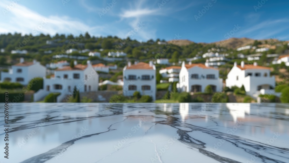 Poster marble table surface with blurred hillside resort background ideal for product display showcasing el