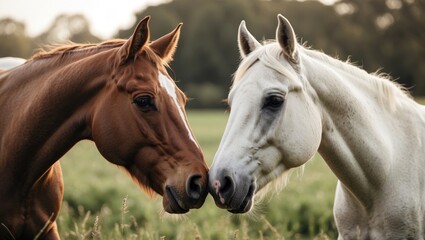 Obraz premium Horses Interacting in Pasture Capturing Connection and Harmony Between a Brown and White Horse in Natural Environment