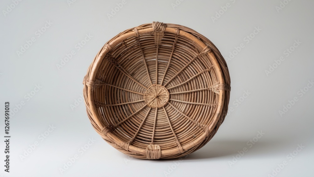 Poster elegant round rattan basket with intricate weaving displayed against a clean white background emphas