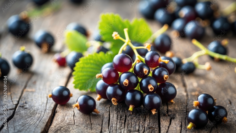 Poster fresh blackcurrants on rustic wood with soft focus and copy space for text or marketing use
