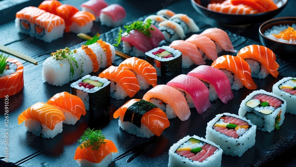 Poster assorted sushi platter displayed on a black slate serving board with colorful variety of ingredients