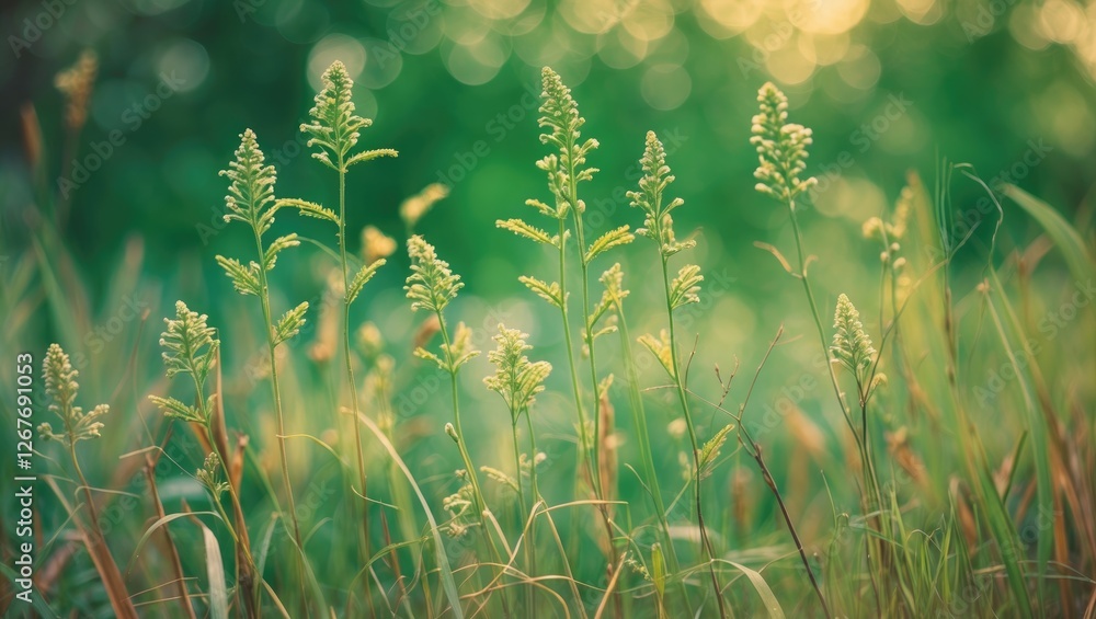 Aufkleber serene green weeds among long grasses with soft bokeh background and ample copy space for text or de