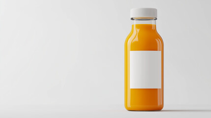 A realistic orange juice bottle mock-up with a horizontal white  label, perfect for branding, packaging, and presentation design isolated on right of white background 