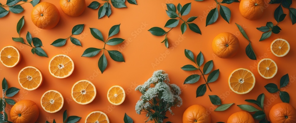 Poster vibrant orange background with fresh oranges and green leaves creating a bright and inviting atmosph