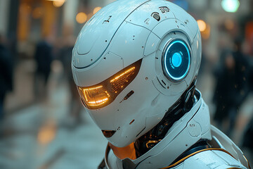 Fototapeta premium Future Sentinel, A Robot's Gaze Amidst the Urban Symphony