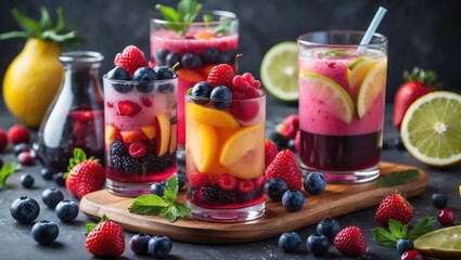 Colorful Berry and Fruit Cocktails on a Wooden Tray with Fresh Berries and Citrus Slices in a Dark Background with Space for Text