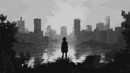 Fototapeta premium Solitary Figure in Post Apocalyptic City Landscape