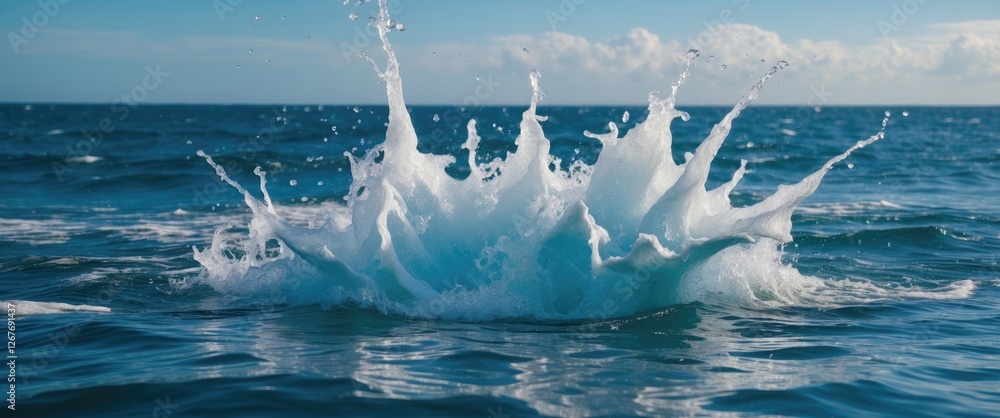 Poster dynamic water splash in a calm blue ocean with clear space for text overlay and promotional use