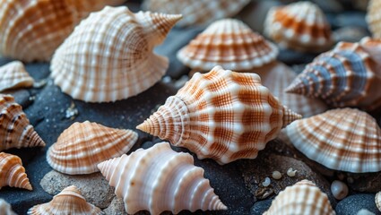 Obraz premium Macro photography of intricate seashells showcasing their natural patterns and textures on a textured surface in soft natural light.