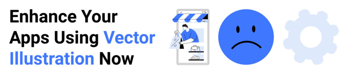 Fototapeta premium Mobile app store graphic with storefront icon, sad face for feedback, and gear for settings. Ideal for e-commerce, app development, UX design, digital tools, marketing, user experience flat landing
