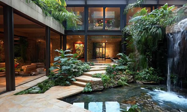 interior grand atrium arboretum with 10,000 plants and water fall in courtyard a large home designed by biophilic architecture