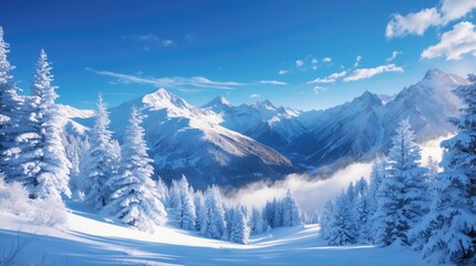 Obraz premium Majestic winter mountain landscape with snow-covered trees clear blue sky and crisp air inviting outdoor adventure and tranquility.