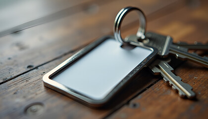 Key tag mockup, tag mockup, copy space, Elegant Key Tag Mockup with Keys on Dark Wooden Table