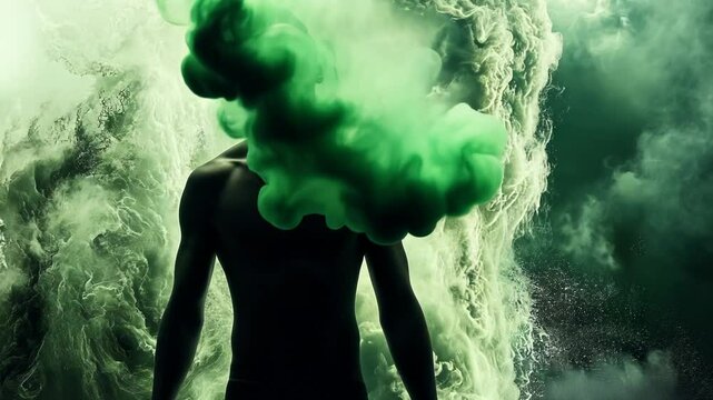 Dramatic Green Smoke Man in Light and Fire Cloud Cinematic Atmosphere