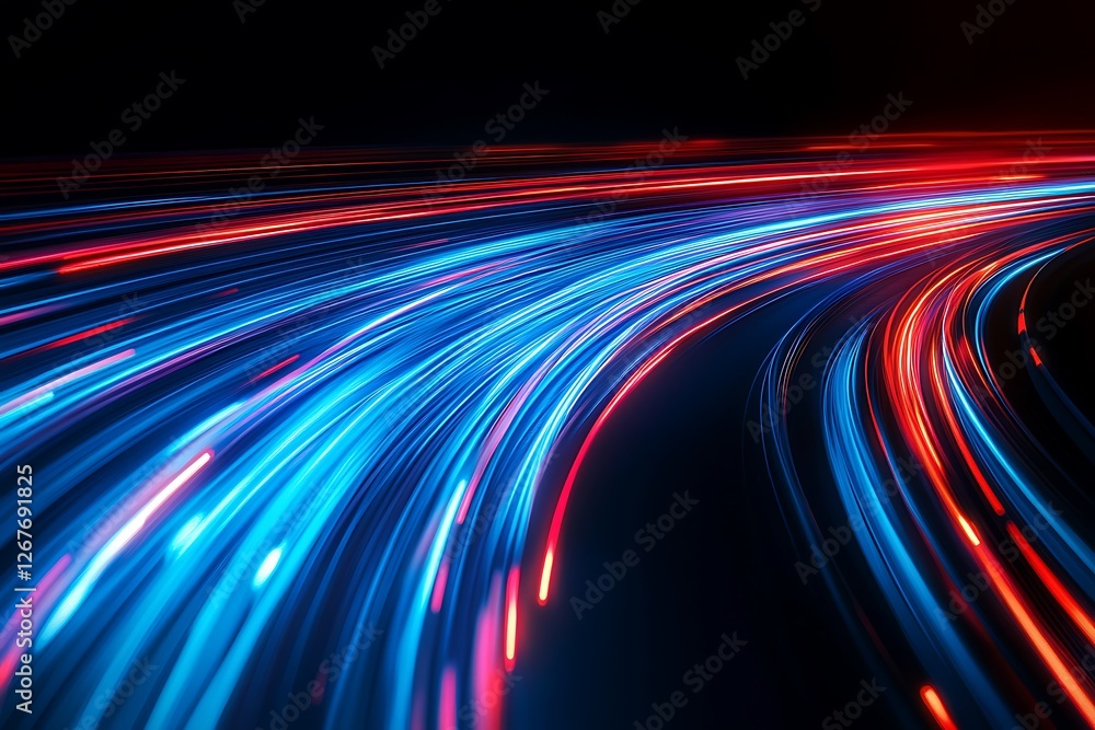 Canvas Prints photo visual is characterized by vibrant blue and red light trails that smoothly flow across a black