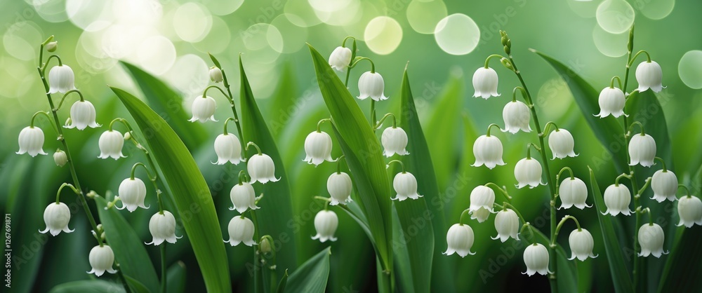 Poster delicate lily of the valley flowers with soft green bokeh background ideal for spring themes and tex