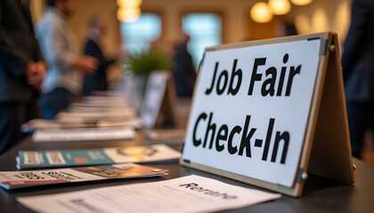 Job fair sign, Job fair check-in sign in focus with participants registering for the event in the background 
