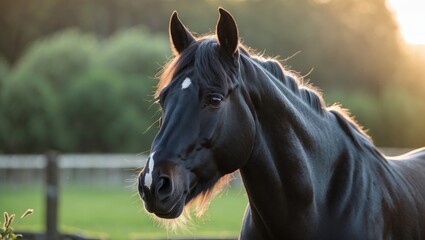 Obraz premium Black Horse Curiously Observing Its Surroundings in Soft Morning Light Amidst Lush Green Background