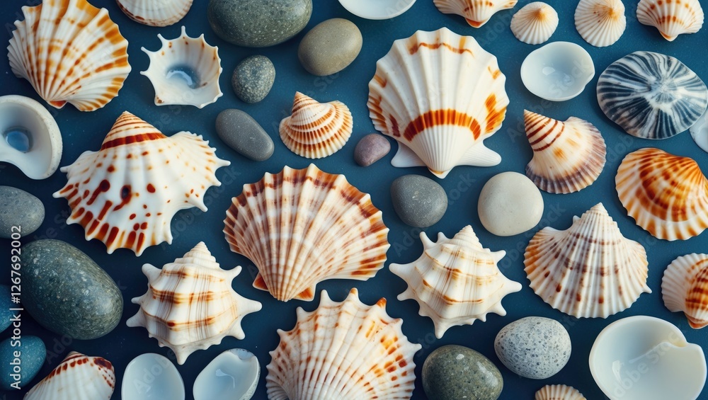 Poster seashells and smooth stones arrangement on blue background with ample space for custom text and mari