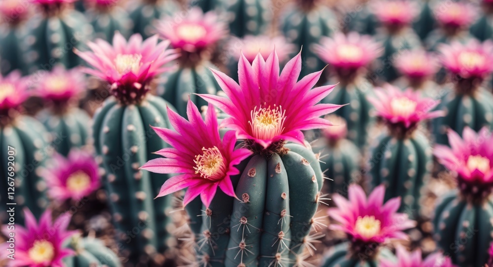 Poster vibrant pink cactus flowers in a desert setting with blurred background creating a colorful and sere