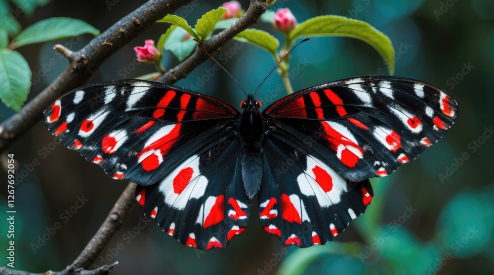 Poster vibrant black butterfly with striking red and white patterns resting on a twig surrounded by lush gr