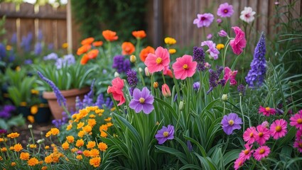 Obraz premium Vibrant and Colorful Flower Garden in Bloom with Various Flower Types and Lush Greenery in a Serene Backyard Setting