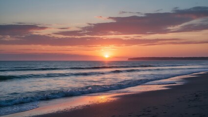 Serene Coastal Sunset Over Calm Waves Reflecting Colors in the Sky at a Peaceful Beach