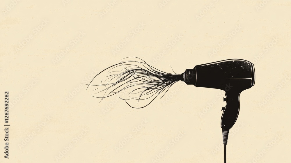 Aufkleber unique artistic representation of a hair dryer with flowing strands captured in minimalist style. ge