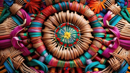 Vibrant Close-Up of Intricate Hand-Woven Rattan Textile Featuring Colorful Patterns and Textures