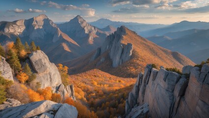 Obraz premium Majestic Rocky Mountain Ridge Surrounded by Vibrant Autumn Foliage Under a Clear Sky Capturing Nature's Breathtaking Beauty