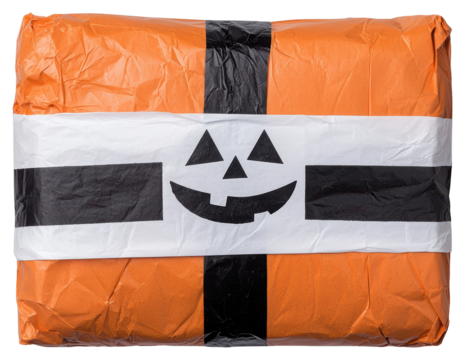 Festive Orange Package Decorated with a Halloween Jack O Lantern on a Transparent Background