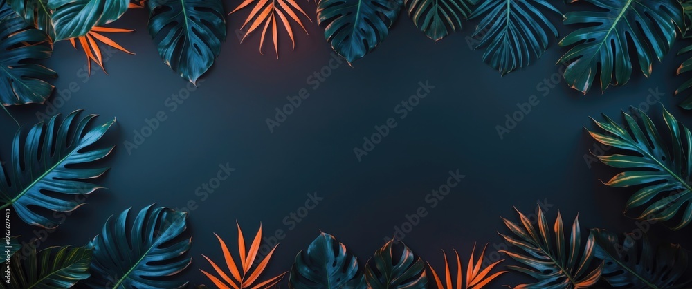 Poster tropical leaf border with dark background and neon lighting creating modern and vibrant space for ca
