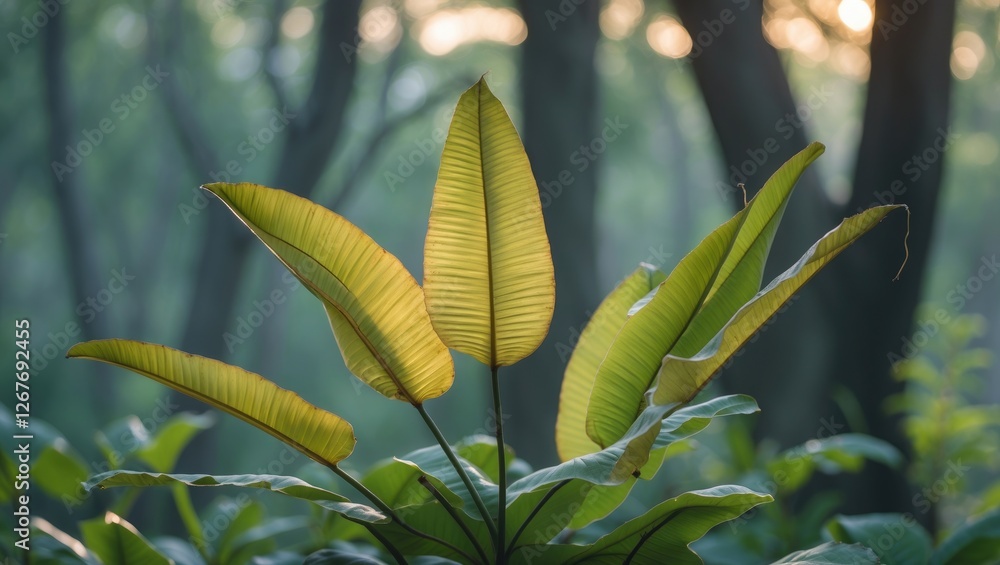 Poster serene tamarind leaves highlighted in soft focus with a blurry forest background for nature and tran