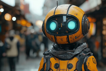 Robot in Metropolis, A futuristic encounter amidst urban life
