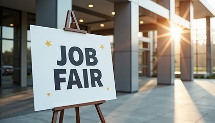 Job fair sign, Job fair sign illuminated by sunlight outside a modern building during an inviting event
