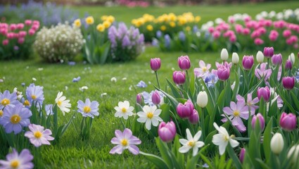 Fototapeta premium Vibrant Spring Blossoms On Lush Green Lawn Showcasing A Colorful Garden Landscape Filled With Tulips And Daisies In Bloom